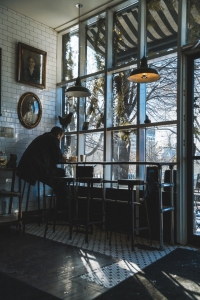 A photo of a great looking cafe on a grey day
